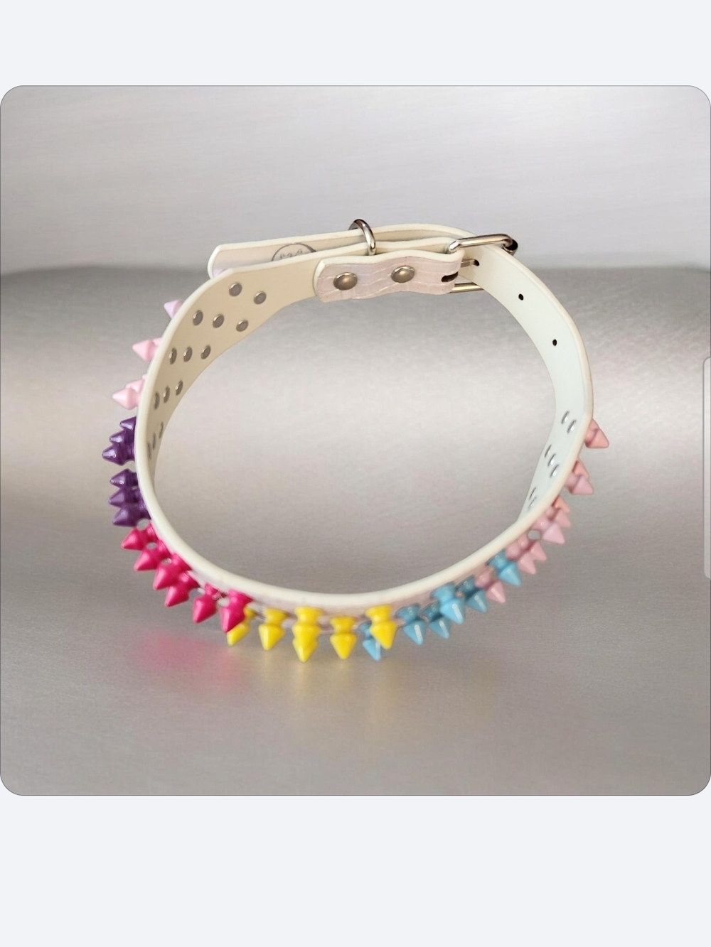 White Vegan Leather Spike Collar with Rainbow Studs☆ Custom Made